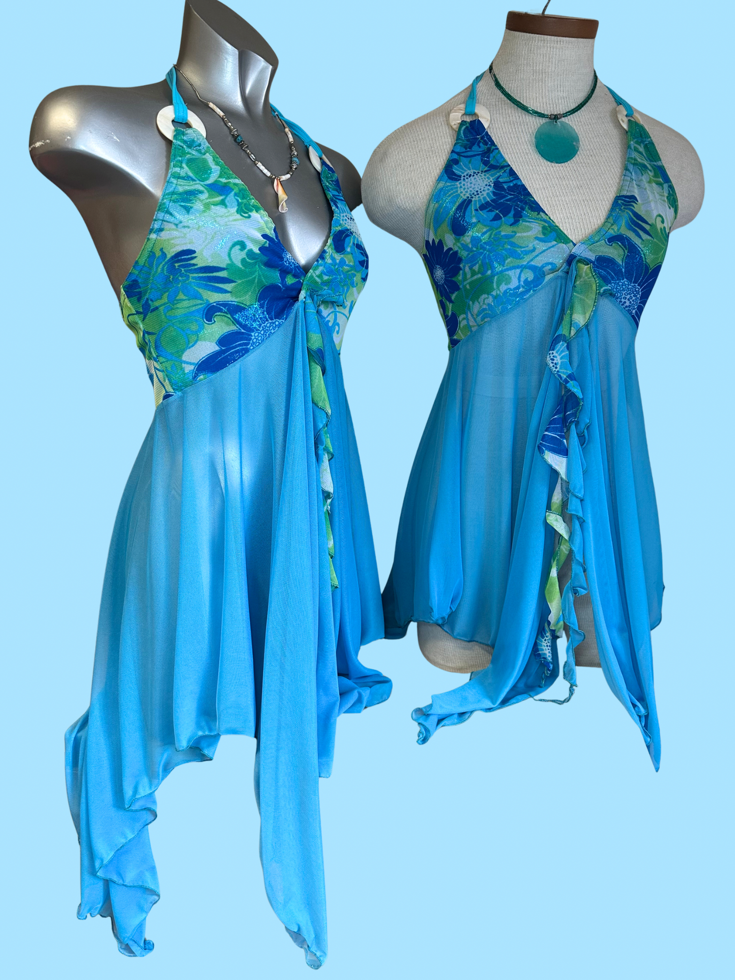 Tropical Floral Halter Fairy Top -Blue