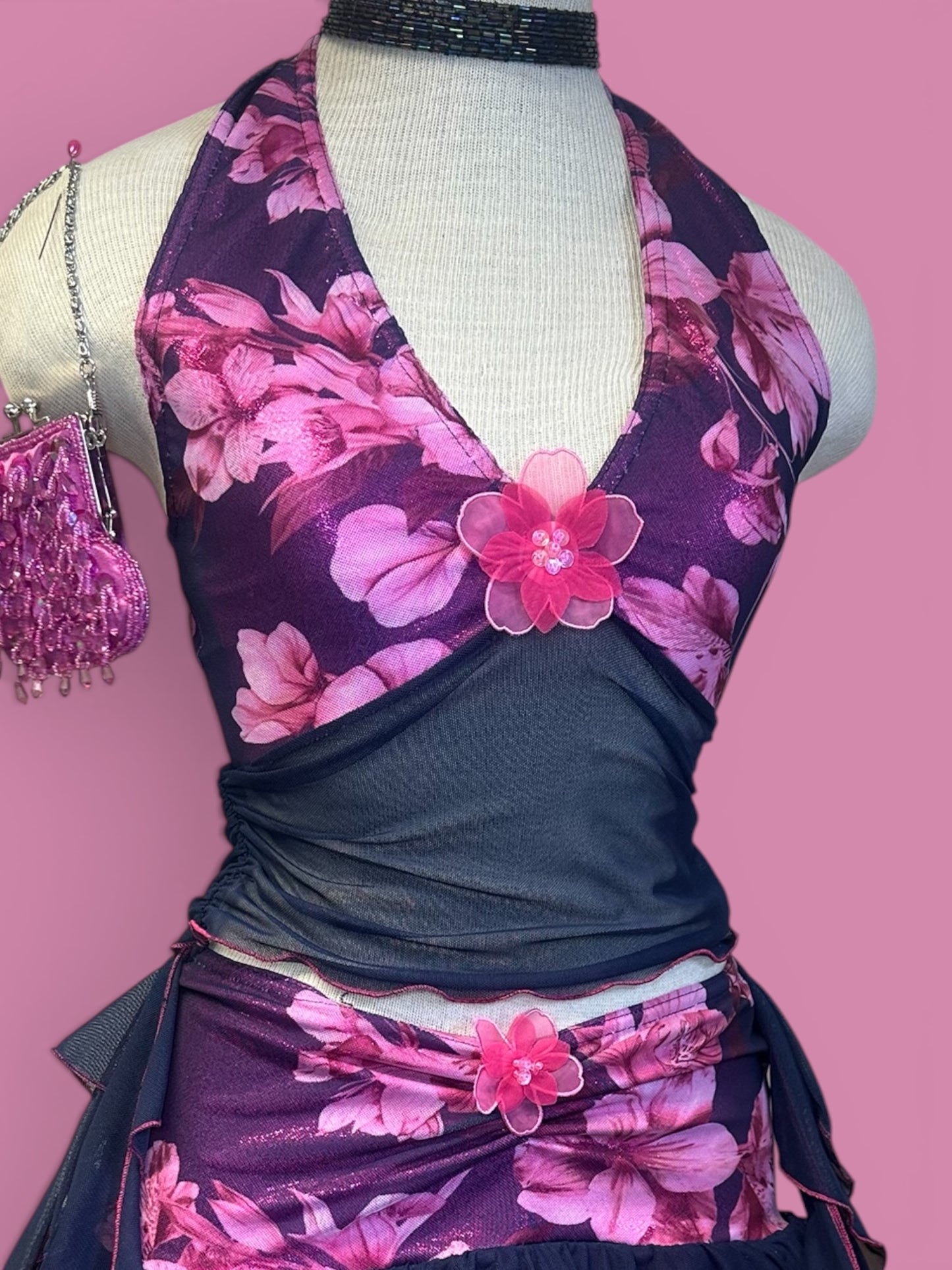 Midnight Bloom Print Halter Neck Tie Top