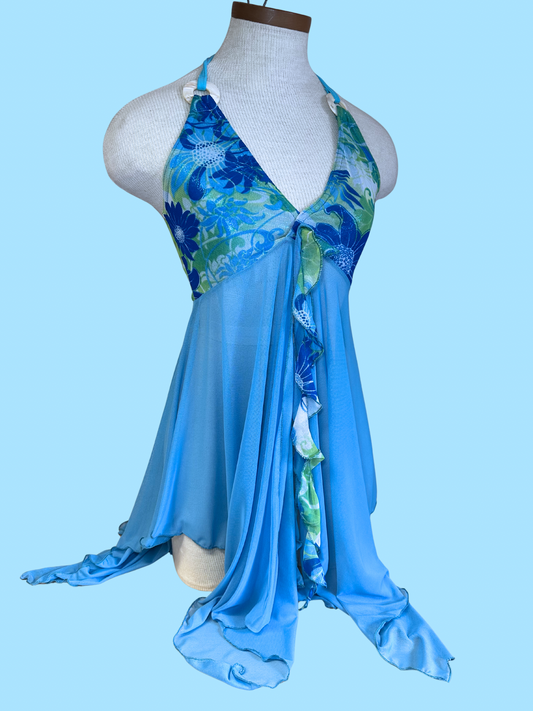 Tropical Floral Halter Fairy Top -Blue
