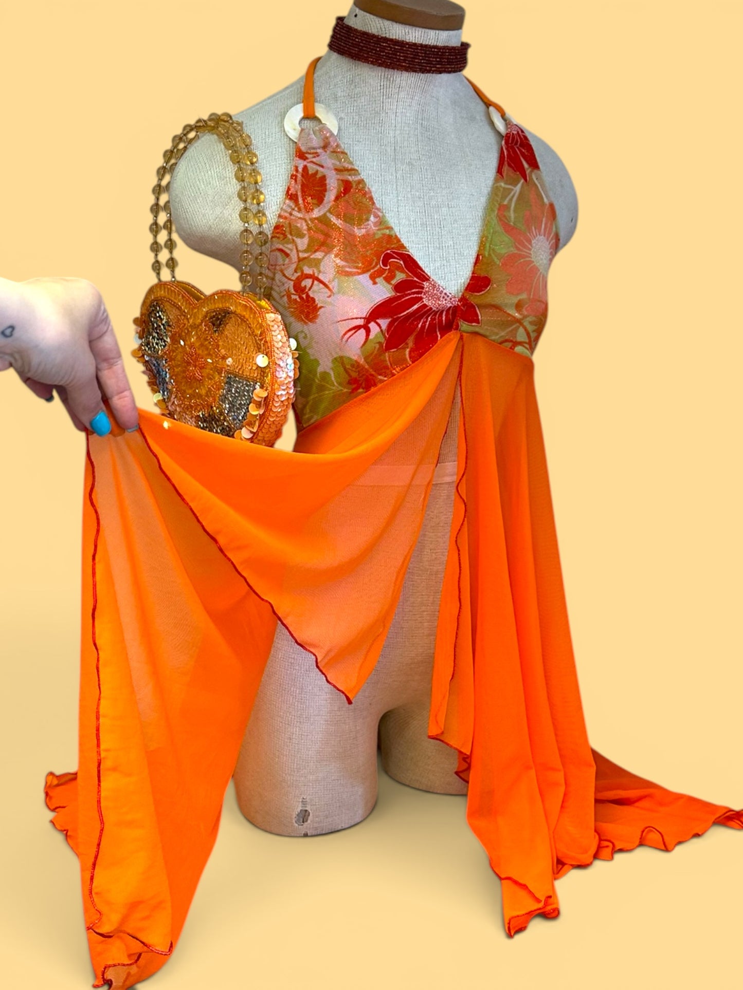 Tropical Floral Halter Fairy Top - Orange