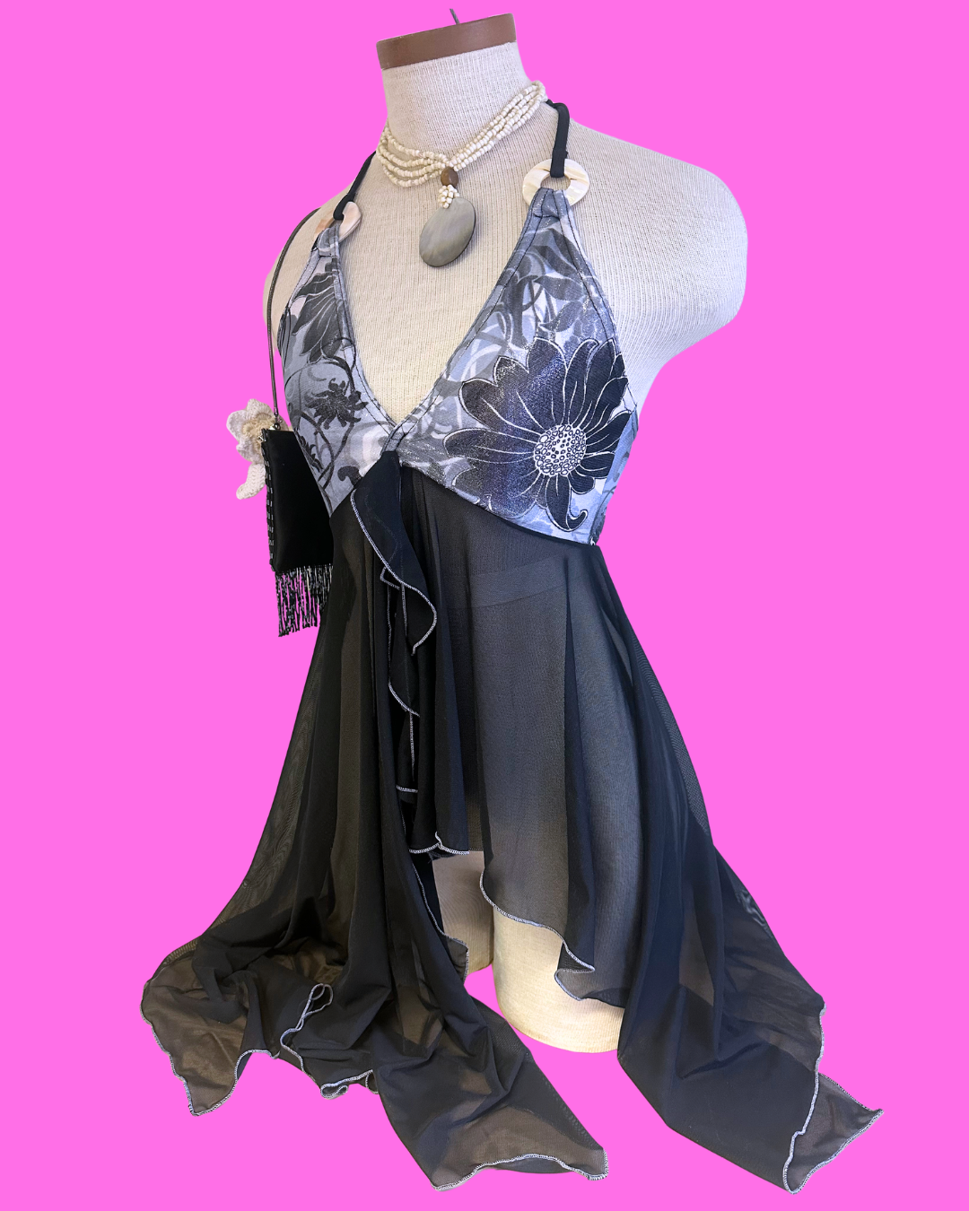 Tropical Floral Halter Fairy Top -Black