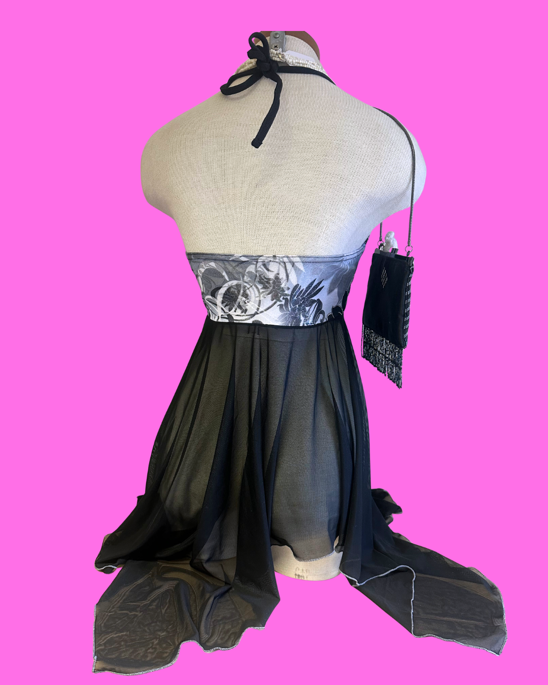 Tropical Floral Halter Fairy Top -Black