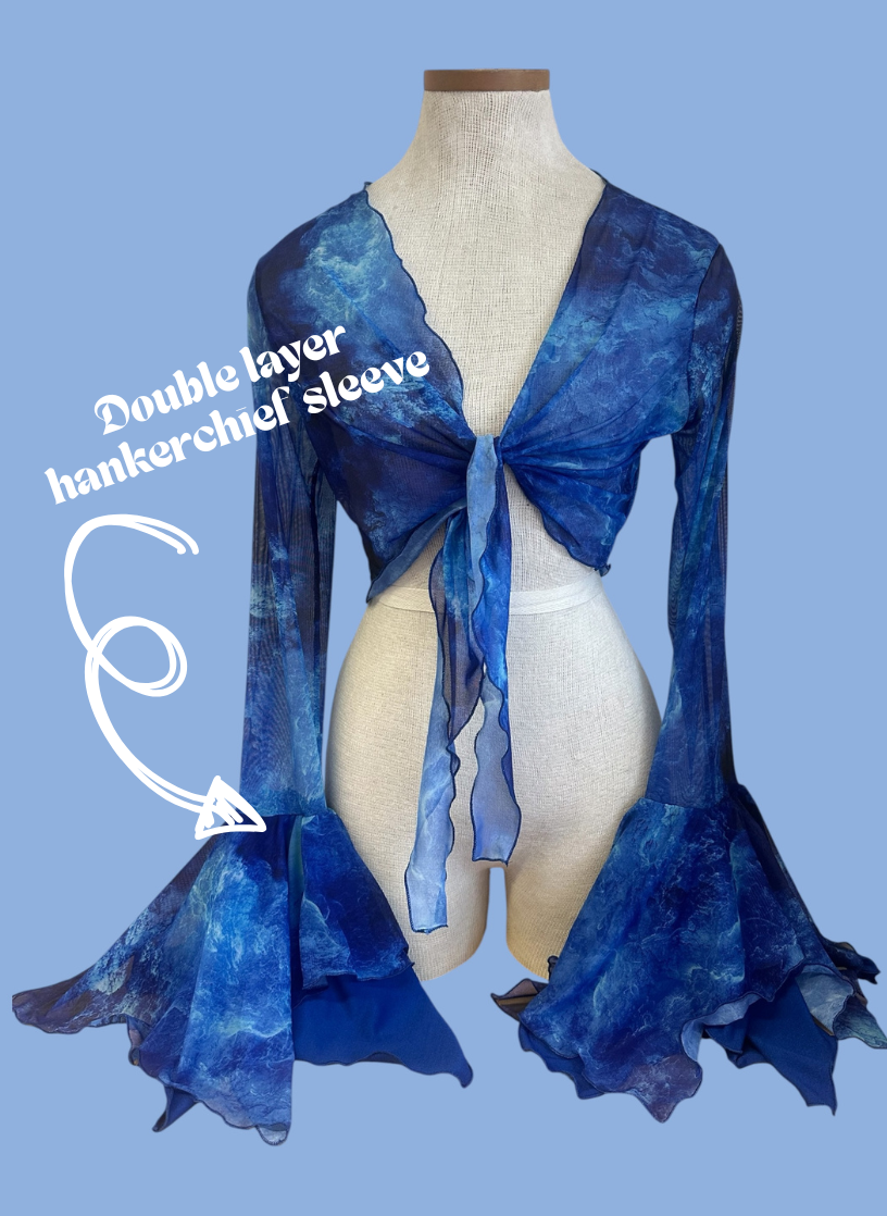 Choose your print or colour -tie front shrug with floaty or Bell sleeves