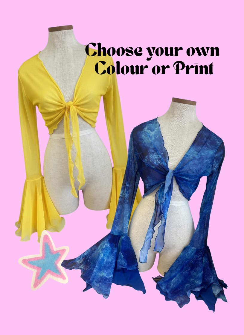 Choose your print or colour -tie front shrug with floaty or Bell sleeves