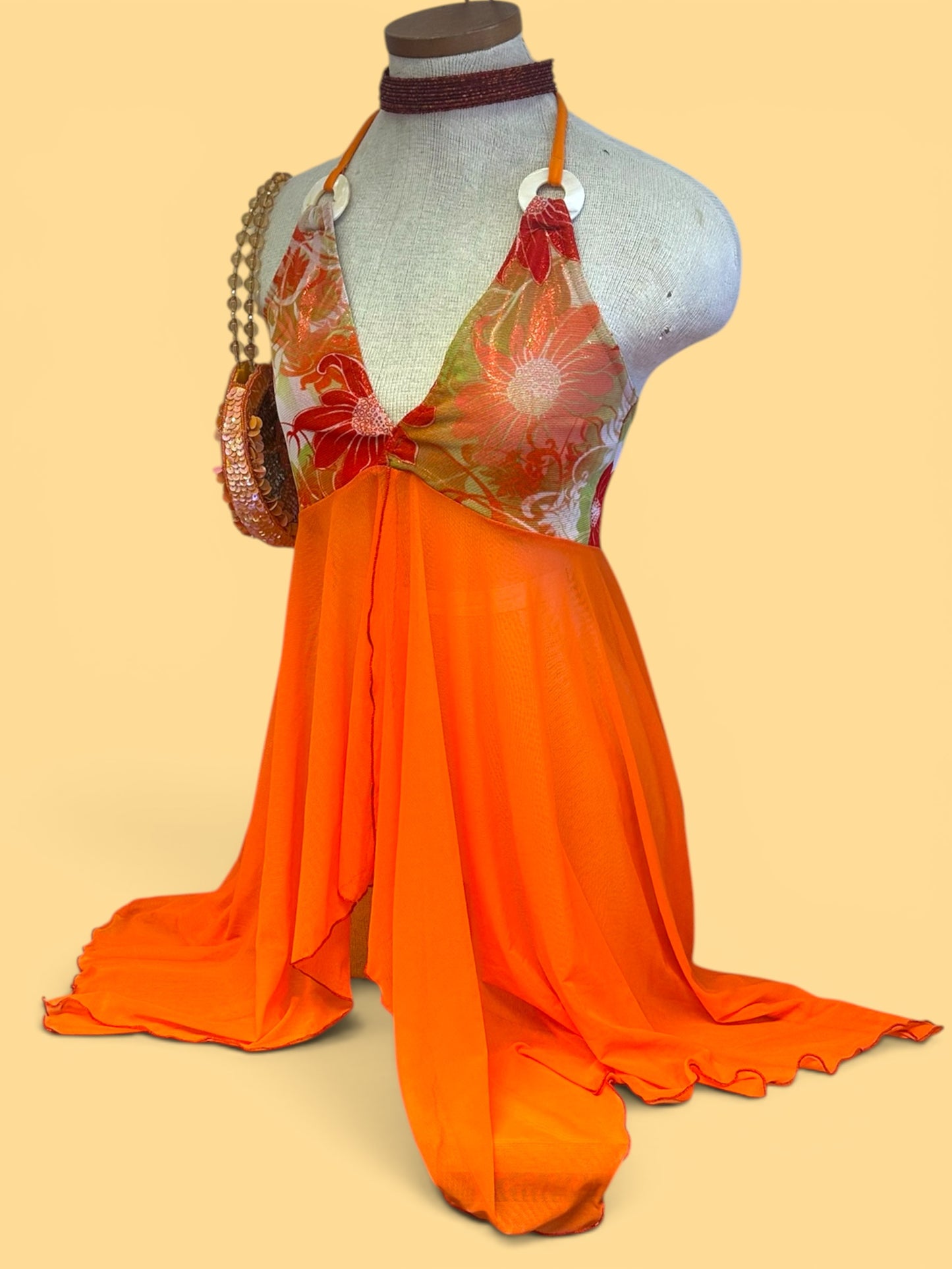 Tropical Floral Halter Fairy Top - Orange