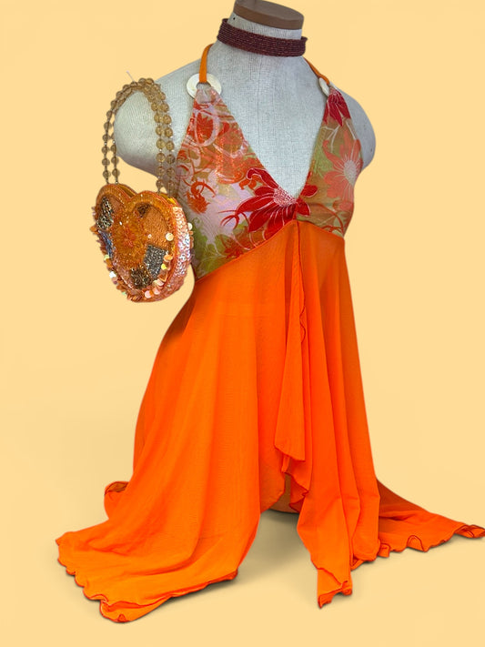 Tropical Floral Halter Fairy Top - Orange
