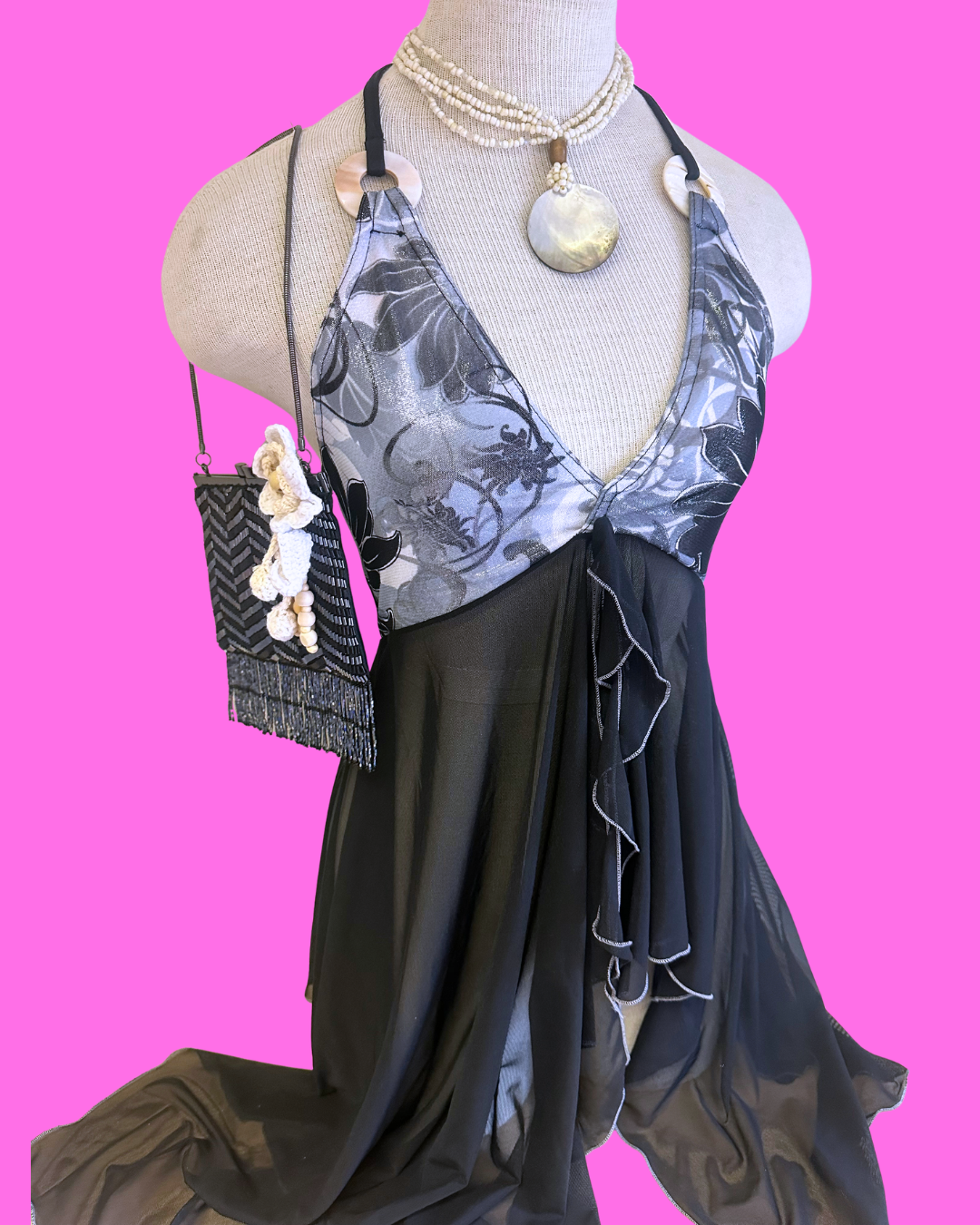Tropical Floral Halter Fairy Top -Black