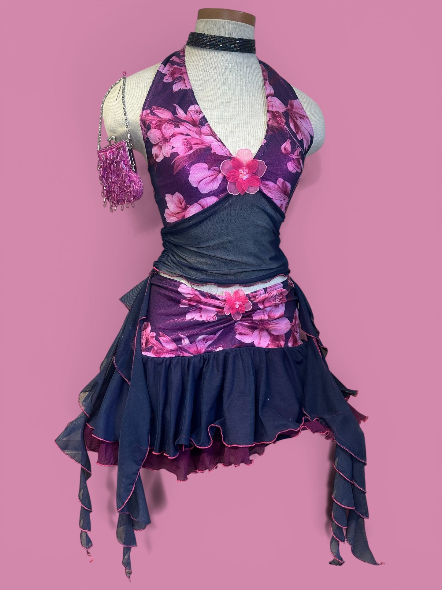 Midnight Bloom Print Halter Neck Tie Top