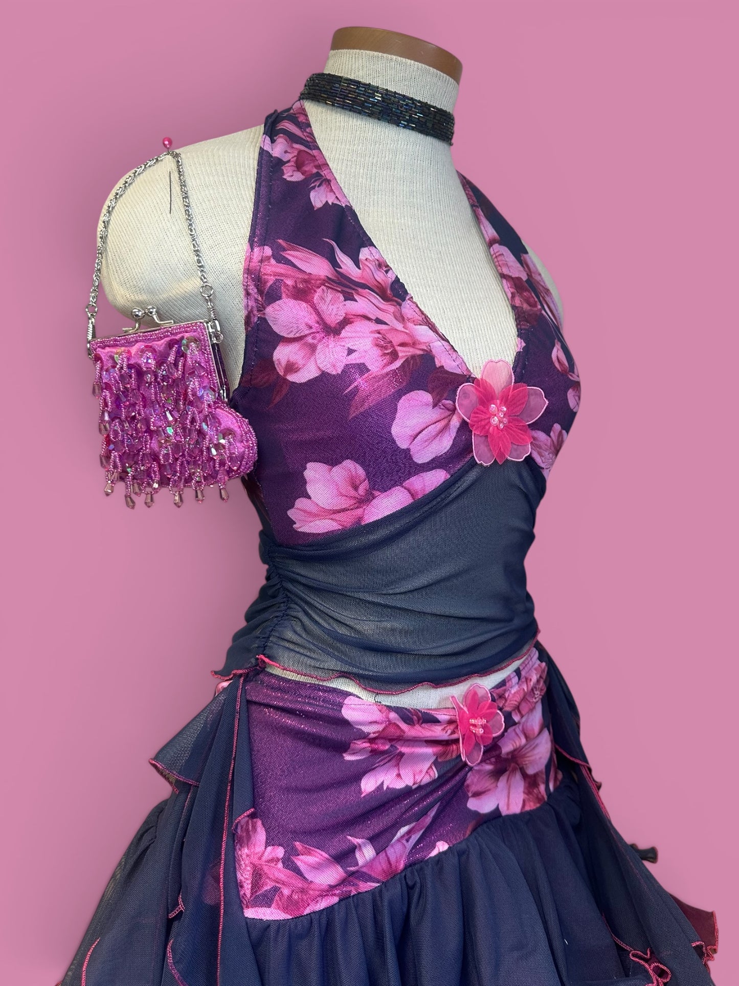 Midnight Bloom Print Halter Neck Tie Top