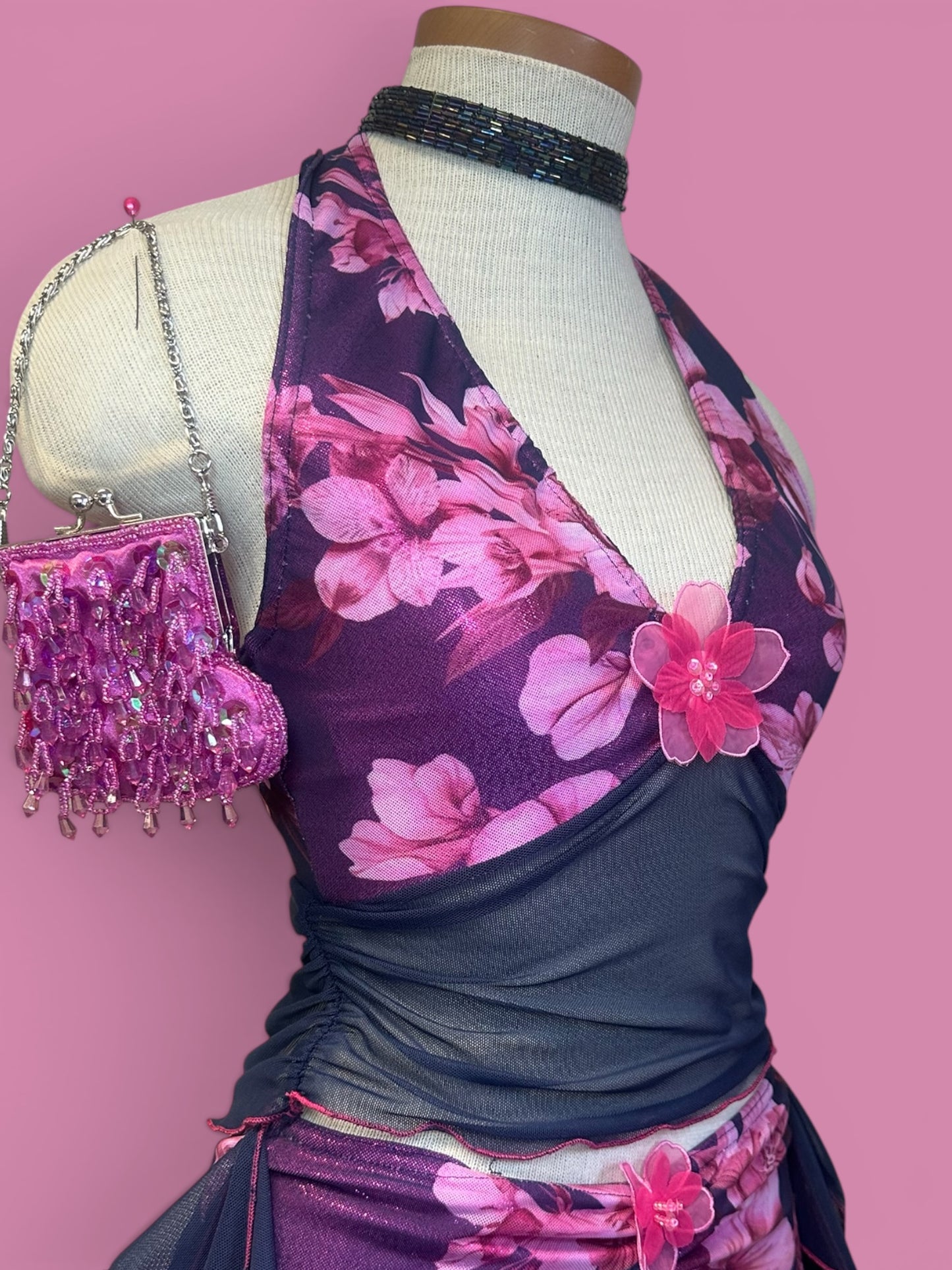 Midnight Bloom Print Halter Neck Tie Top