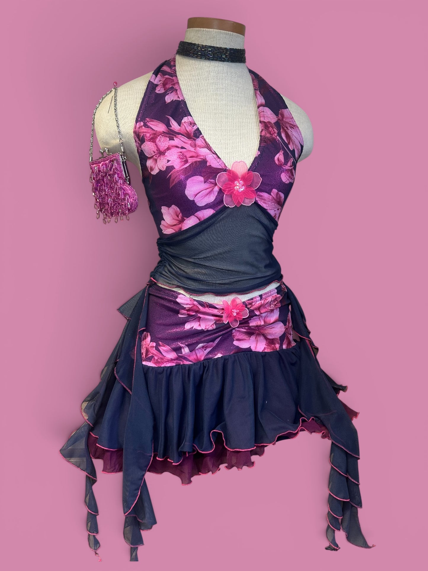 Midnight Bloom Print Halter Neck Tie Top